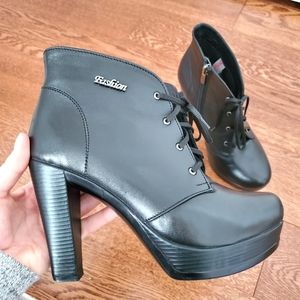 Italian Leather Black Heeled Ankle Boots Lace Up